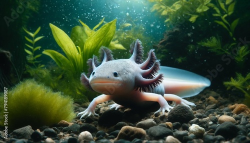 A realistic depiction of an Axolotl (Ambystoma mexicanum) in its natural underwater habitat, surrounded by aquatic plants and rocks.
