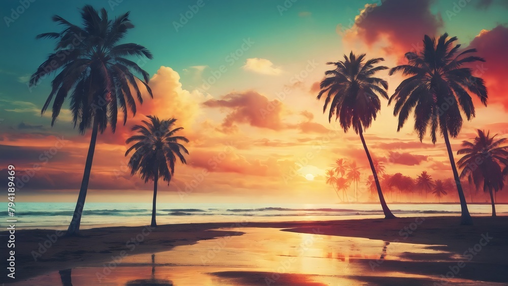 Palm Trees On Beach At sunset, summer background 