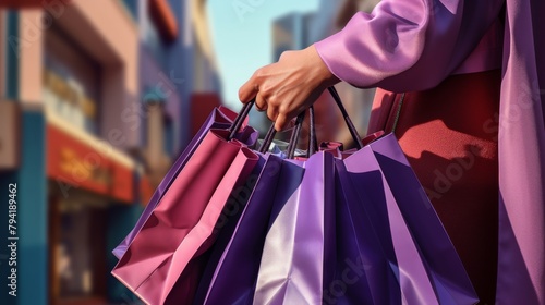 Detailed view of a hand holding multiple shopping bags, bold purples enhancing the theme of modern and fashionable shopping photo