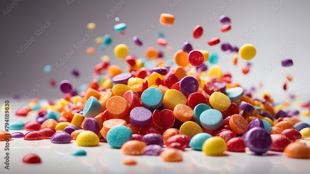 Vibrant Rainbow Candy Falling on White Background. The image should depict a close-up shot capturing colorful candies in various shapes and sizes falling gracefully against a clean, white background. Vibrant Rainbow Candy Falling on White Background. The image should depict a close-up shot capturing colorful candies in various shapes and sizes falling gracefully against a clean, white background.