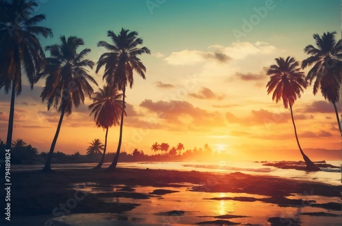 Palm Trees On Beach At sunset, summer background  © Tayyab