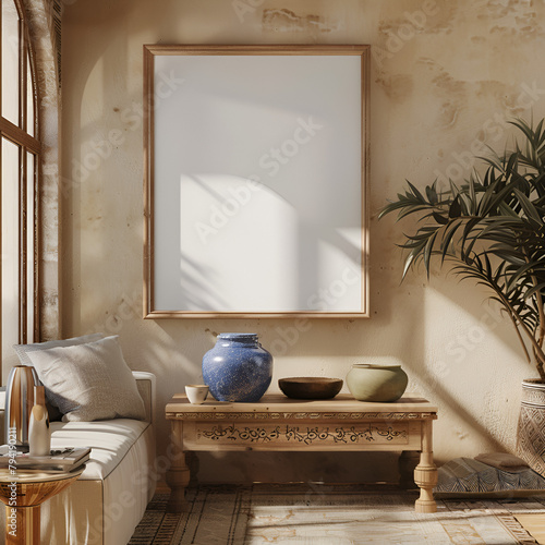 an empty sleek square frame mockup in oak wood and vertical orientation placed in a beige color living room. the living has a couch and Indian style carved coffee table and a blue pottery 