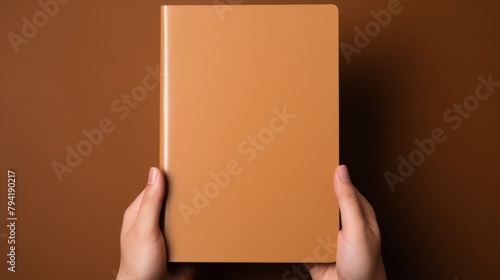 Organized theme in an advertising shot of a hand holding a notebook, classic brown background, symbolizing structure and order