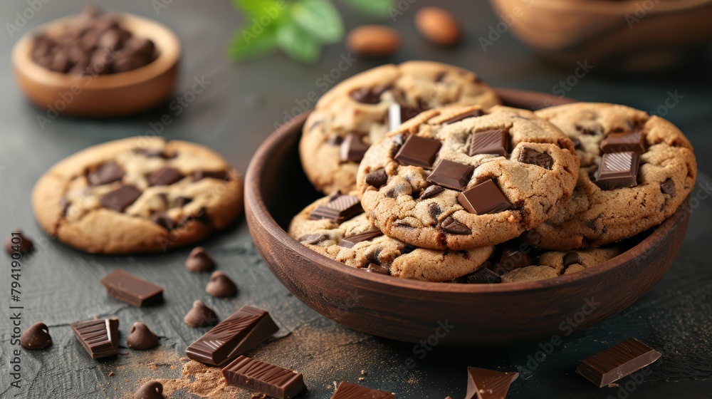 Chocolate chip cookies in a wooden bowl with pieces of chocolate on dark surface. Gourmet homemade dessert concept