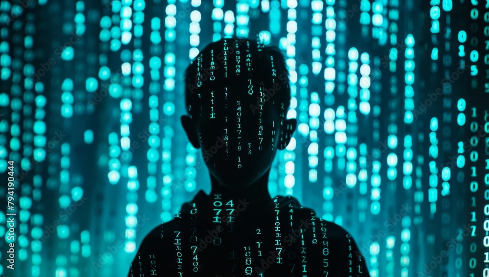 hacker silhouette on computer screen made of binary code in the style ...