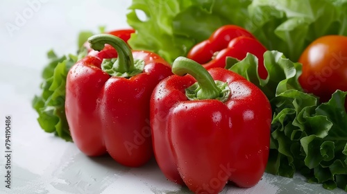Fresh red bell peppers with water droplets on leafy lettuce background. Organic vegetables concept for design, culinary websites and recipe book with copy space