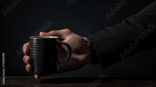 Professional photo of a hand and coffee mug, sleek black setting, highlighting the powerful kick of caffeine