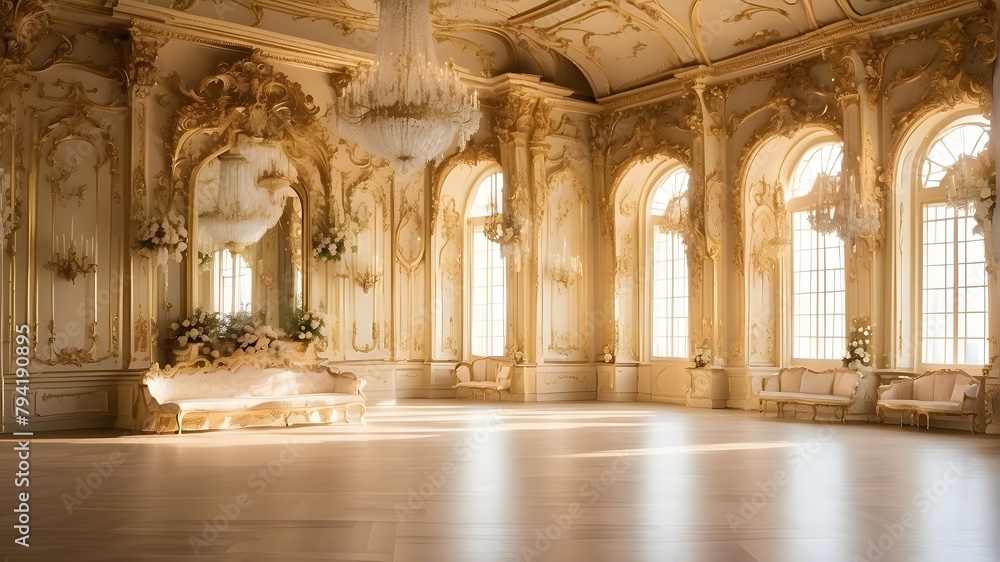  Majestic Golden Ballroom Interior with Opulent Baroque Decorations Bathed in Sunlight. The image should capture the grandeur and elegance of a luxurious ballroom with intricate baroque decorations. T