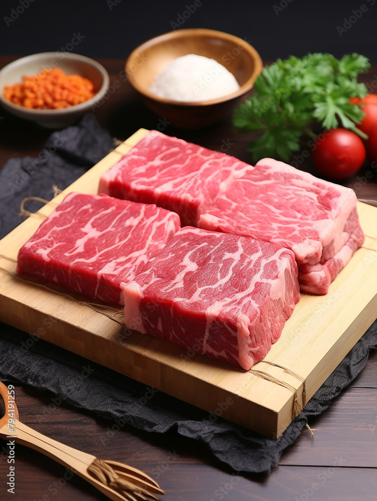 Fototapeta premium wagyu meat Japanese juicy cheese on the table сreated with Generative Ai