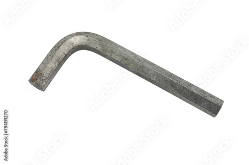 Detail of a large curved Allen key. It is somewhat deteriorated and rusty from use. It is on white background