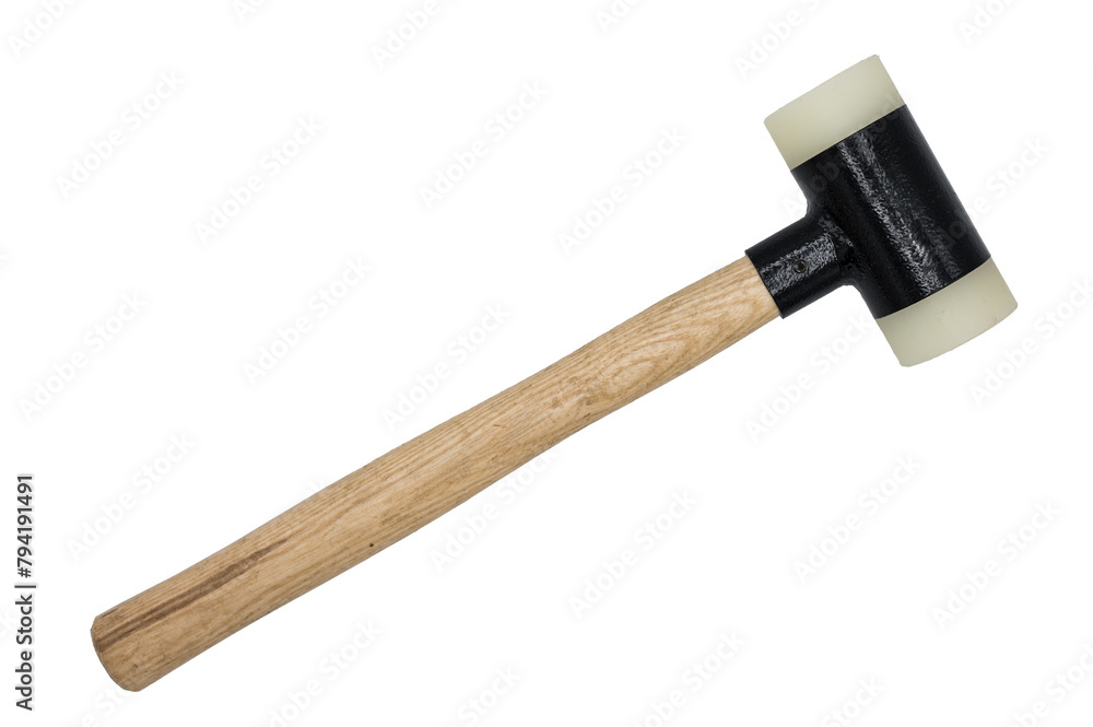 Detail of a traditional nylon hammer with a wooden handle. The head of the nylon hammer takes care of the materials so as not to damage them Detail of a traditional nylon hammer with a wooden handle. The head of the nylon hammer takes care of the materials so as not to damage them