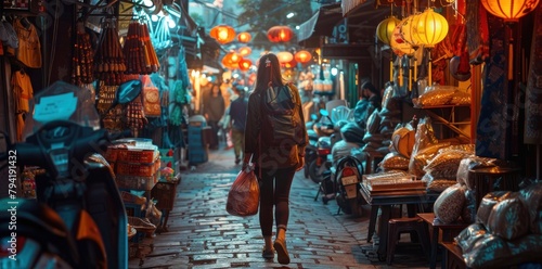 China food market street in Beijing. Chinese tourists walking in city streets on Asia vacation tourism. Asian woman travel lifestyle panoramic banner.
