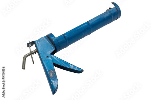 Detail of a silicone gun to comfortably dispense the silicone that comes in tubes. This blue socket and ratchet tool is on a white background