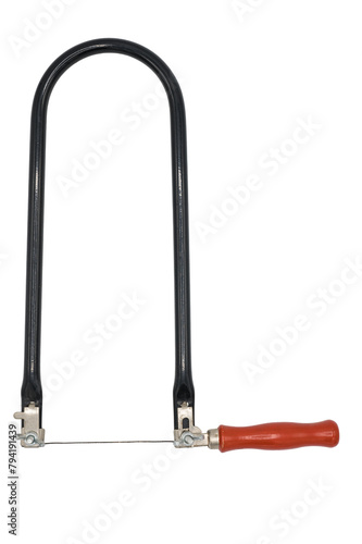 Detail of a manual fretsaw type fretsaw on a white background. The saw has a very tall black tubular frame and a red wooden handle. It has a fine precision saw mounted