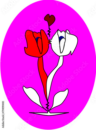 Vector artístico de un beso entre una flor roja y una flor blanca.