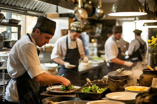 Busy Restaurant Kitchen, Chefs At Work, Kitchen Porter And Waiting Staff In The Background, Cooking Staff, Food Preparation photo