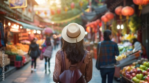 Asian women travel lifestyle  China food market street in Beijing. Chinese tourists walking in city streets on Asia vacation tourism  panoramic banner.