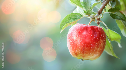Red ripe apples hang on a branch in an apple orchard