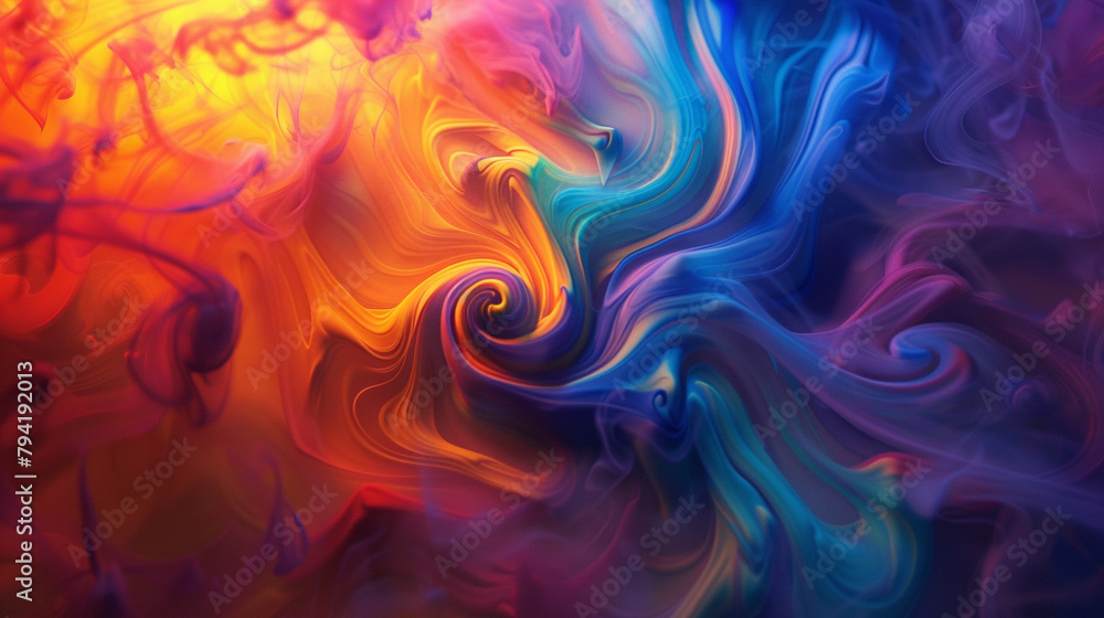 A kaleidoscope of swirling colors intertwining on a smoky paint wall, creating a mesmerizing 3D illusion.
