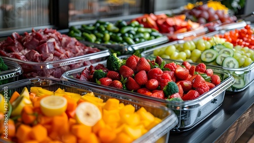 Indoor restaurant catering buffet with colorful fruits vegetables and meat options available. Concept Restaurant Catering, Buffet Setup, Colorful Ingredients, Variety of Food Options, Indoor Setting