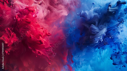 Angular bursts of ruby red and cobalt blue collide, creating a smoky paint backdrop filled with abstract intensity.