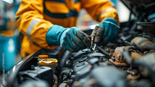 Professional mechanic in uniform repairing car under hood in auto repair shop. Concept Auto Repair, Mechanic, Uniform, Car Maintenance, Repair Shop,