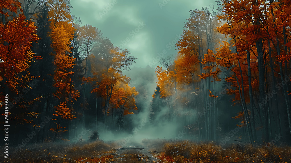 A forest with trees in autumn colors. The sky is cloudy and the air is misty
