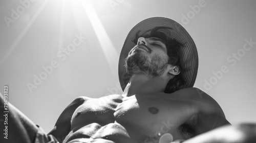 Beau jeune homme musclé faisant la sieste en plein soleil en été.