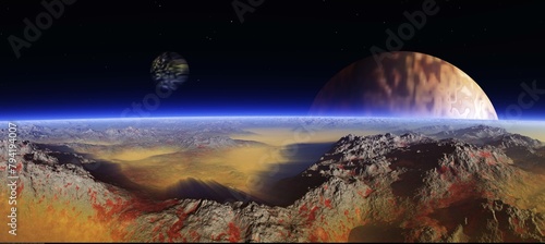 Beautiful alien landscape with two satellites, 3D rendering © ustas