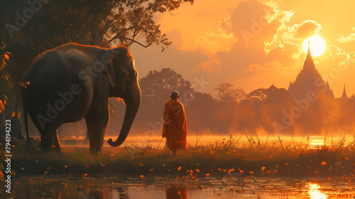 Monk and Elephant at Thailand contryside, generative ai photo