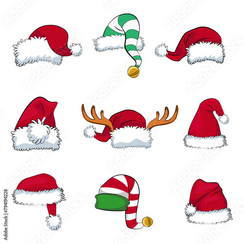Santa Claus hats. Hats with bells and horns. Christmas decor for cards. Vector holiday illustration.
Описание (на английском языке)
