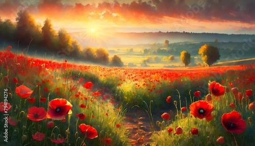 poppy field at sunset