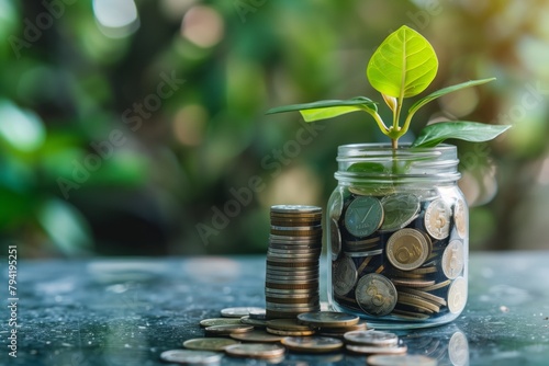 Plant growing from coins in a glass jar photo