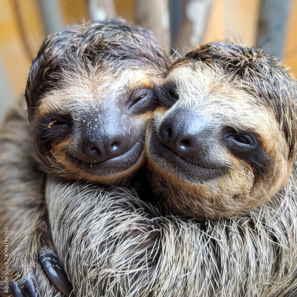 Fototapeta premium Two happy sloths embracing each other with closed eyes and smiling faces.