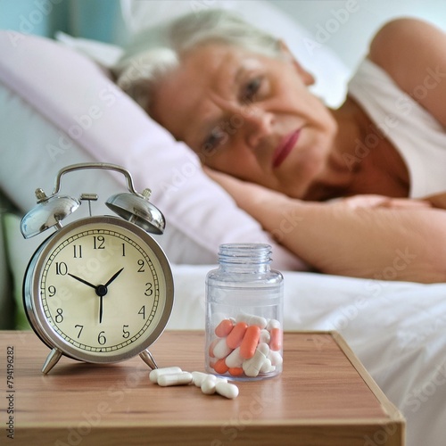 Kobieta leżąca w łóżku i usiłująca zasnąć. Obok łóżka tabletki i zegar. Bezsenność, kłopoty ze snem, leki nasenne, depresja, dobrostan psychiczny, zależność pomiędzy lekami a snem photo