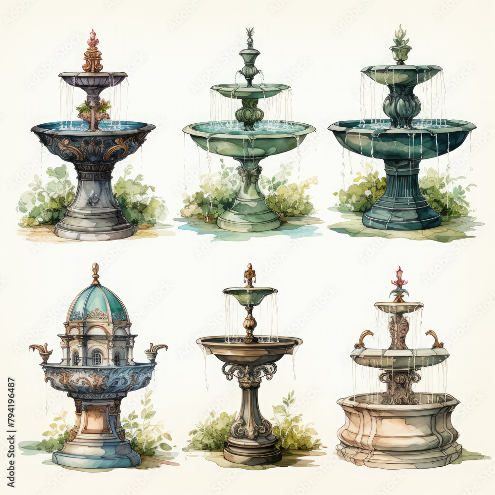 Watercolor Antique Fountains Illustration, Generative Ai Watercolor Antique Fountains Illustration, Generative Ai