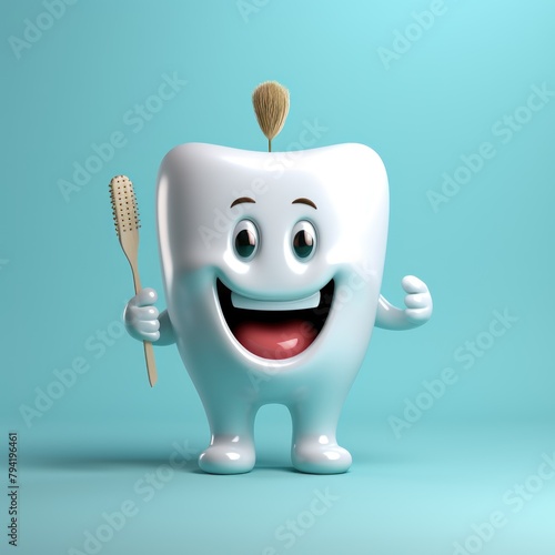 Tooth character with toothbrush on blue background. 3D illustration. Dental Concept with Copy Space.