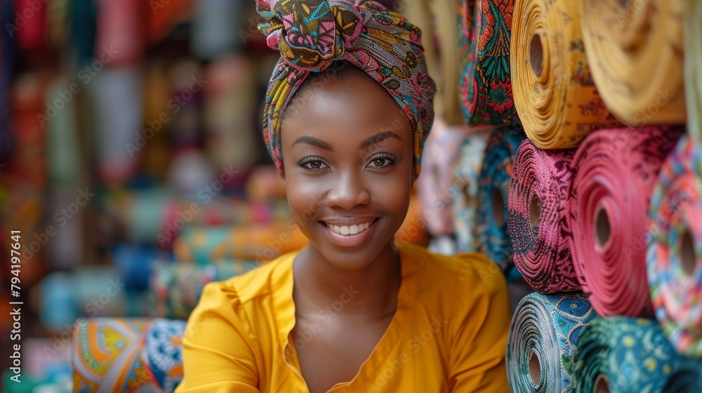 Confident Black Entrepreneur Negotiating at Bustling Fabric Market Generative AI Confident Black Entrepreneur Negotiating at Bustling Fabric Market Generative AI