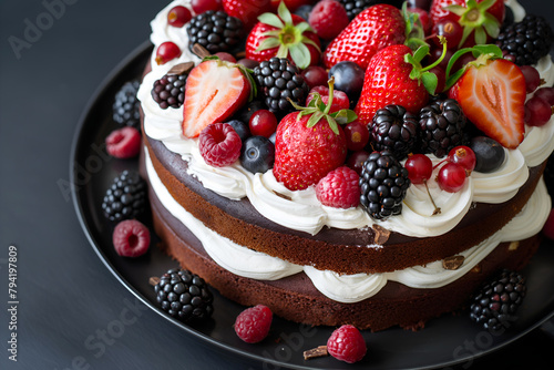 Wallpaper Mural Large Chocolate Cake Topped With Fresh Cream And Fresh Fruit, On Plate In Restaurant Interior, Dessert Food Photography, Dessert Menu Style Photo Image Torontodigital.ca