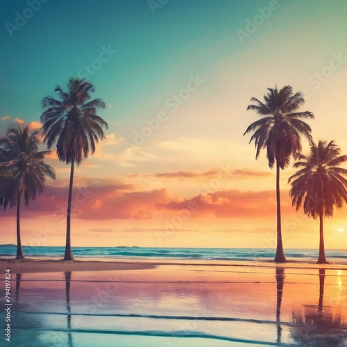 Palm Trees On Beach At sunset, summer background 