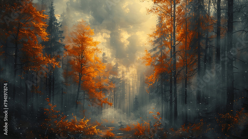 A forest with trees in autumn colors. The sky is cloudy and the air is misty