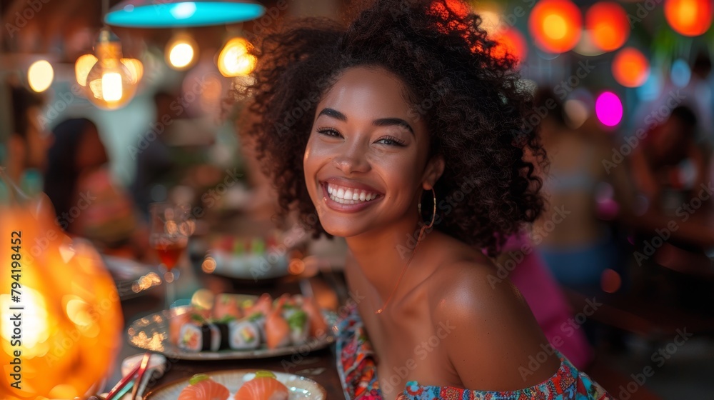 Joyful Gathering of Friends Over Sushi in a Vibrant Restaurant Generative AI Joyful Gathering of Friends Over Sushi in a Vibrant Restaurant Generative AI