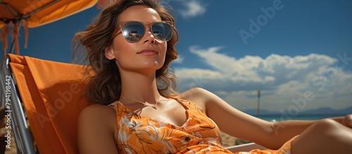 Young woman sunbathing relaxing on a chair by the beach wearing glasses