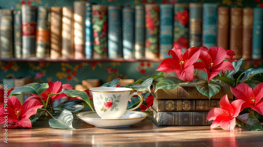 A beautiful library with a teacup and books.