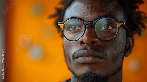 Contemplative African Individual Wearing Eyeglasses on Orange Background with Copy Space Generative AI © Paul