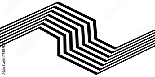 Black on white abstract geometric line pattern, perspective line stripes with 3d dimensional effect isolated on white.