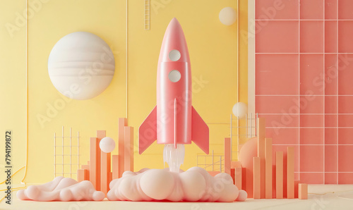 Rocket blasting off a chart pattern, muted minimalistic colors, yellow and pink. 