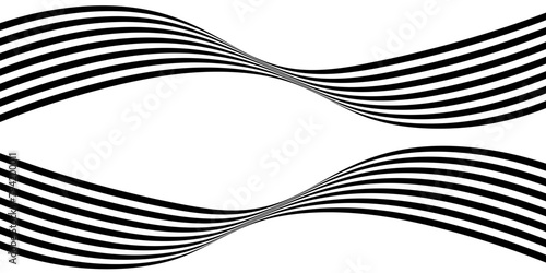 Black on white abstract geometric line pattern, perspective line stripes with 3d dimensional effect isolated on white.