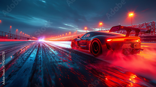 Illustrate a race track scene viewed through thermal imaging, capturing the heat of speeding cars against the cooler racetrack and stands.