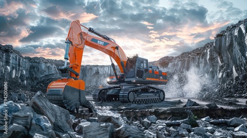 yellow crawler excavator front view work on construction site on warm sunset Light background. photo